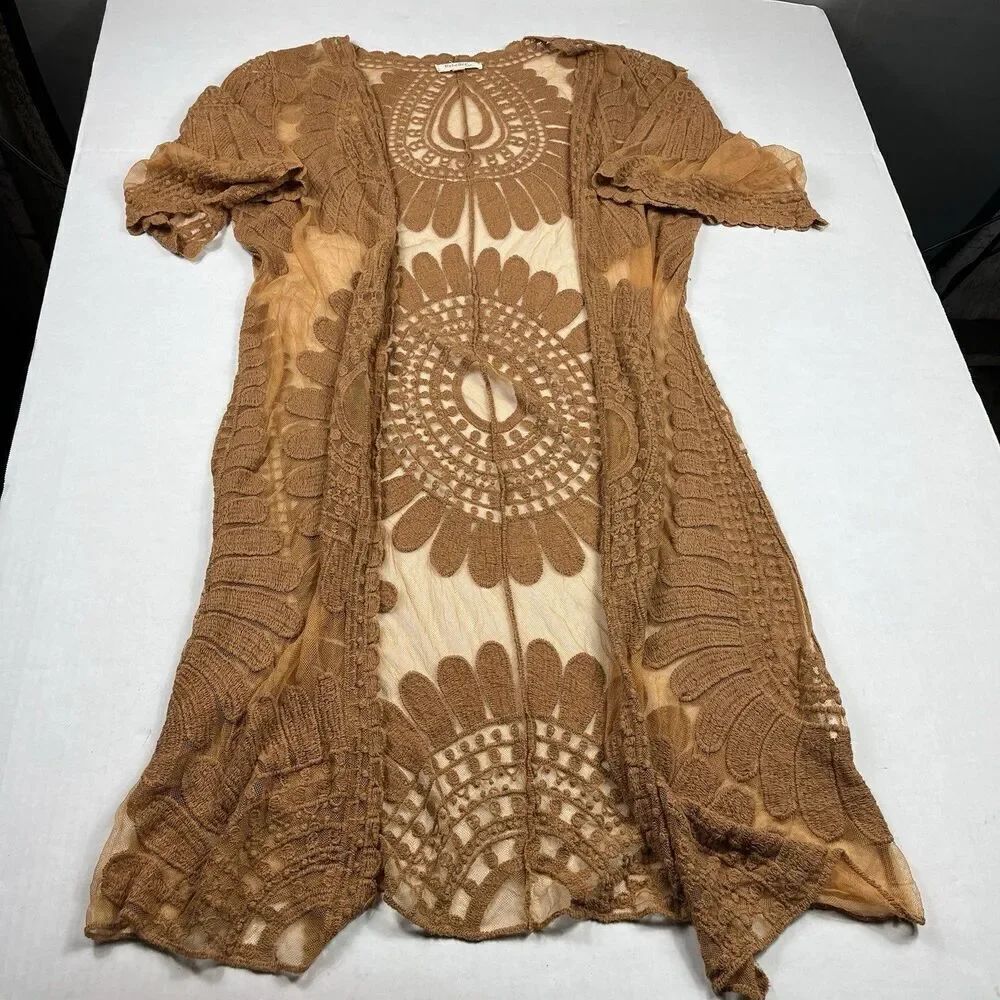Rebellion Again Kimono Duster Brown Open Front Short Sleeve Boho Top SMALL